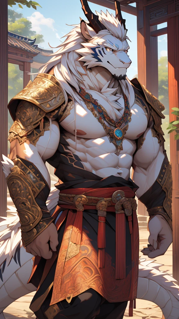 (masterpiece),(highres),(intricate details:1.4),extremely detailed,(illustration:1.2),8k,photorealistic,Anime headshot,exquisite,full body shot,aged,elder male eastern dragon,a mixture of eastern dragon and tiger,white fur,muscular,warrior,(naked upper body:1.4),(white hair:1.3),ancient Chinese armor,sexy