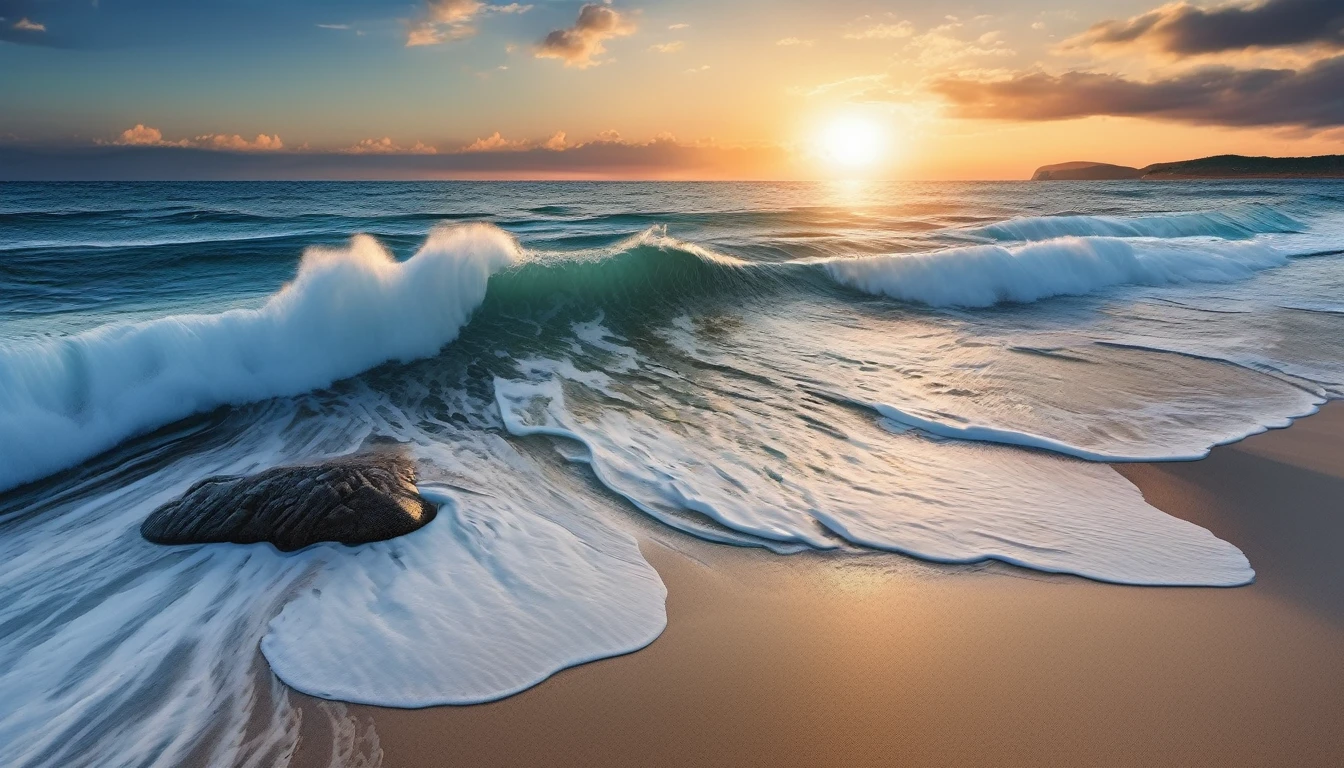 beautiful sunset seascape, waves crashing on the shore, blue sea and white sand (masterpiece, ultra quality, high resolution, 8k, intricate: 1.2), (masterpiece), (best quality:1)
