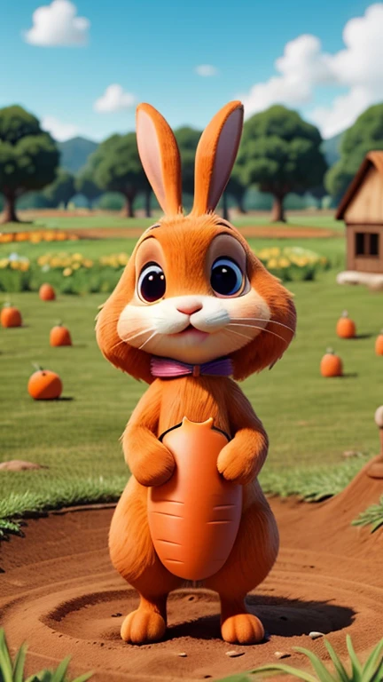 The rabbit discovering a large, shiny orange carrot partially buried in the ground and looking at it with wide, excited eyes