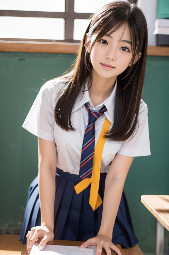 (8k, RAW photo, best quality, masterpiece:1.2), (realistic, photo-realistic:1.4), (extremely detailed 8k wallpaper), pretty Japanese girl,(school uniform),in class room