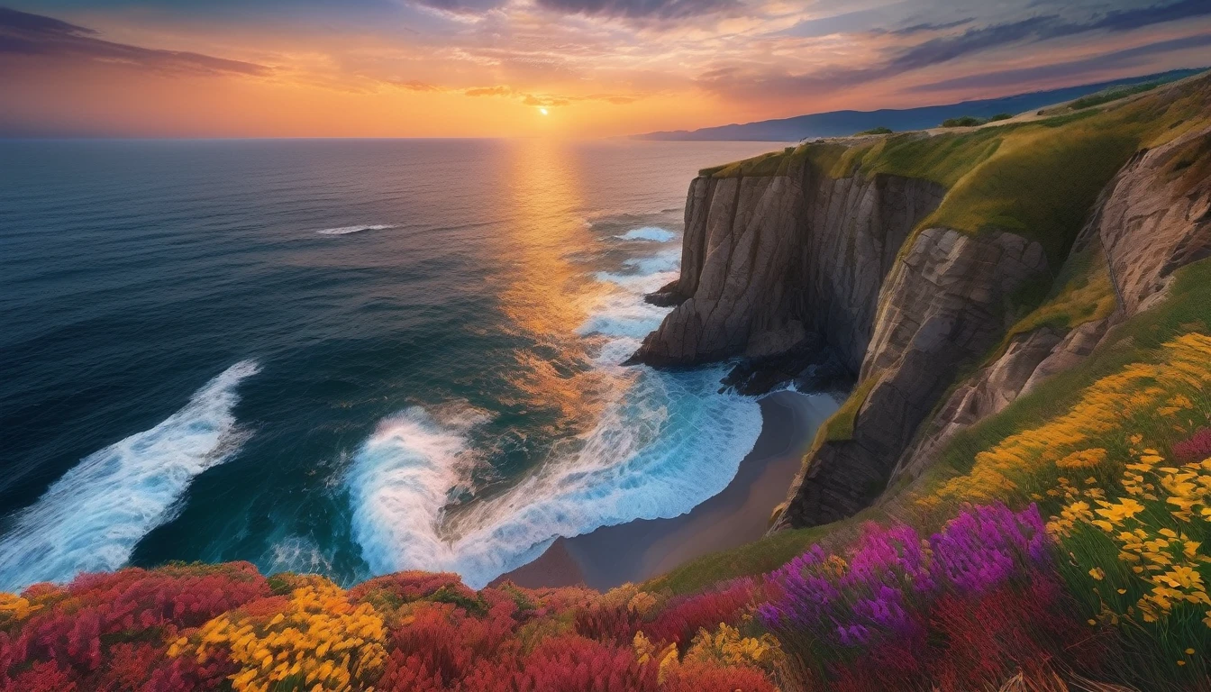 beautiful sunset seascape, big waves crashing against the cliff, colorful flowers blooming on the cliff (masterpiece, ultra quality, high resolution, 8k, intricate: 1.2), (masterpiece), (best quality:1)