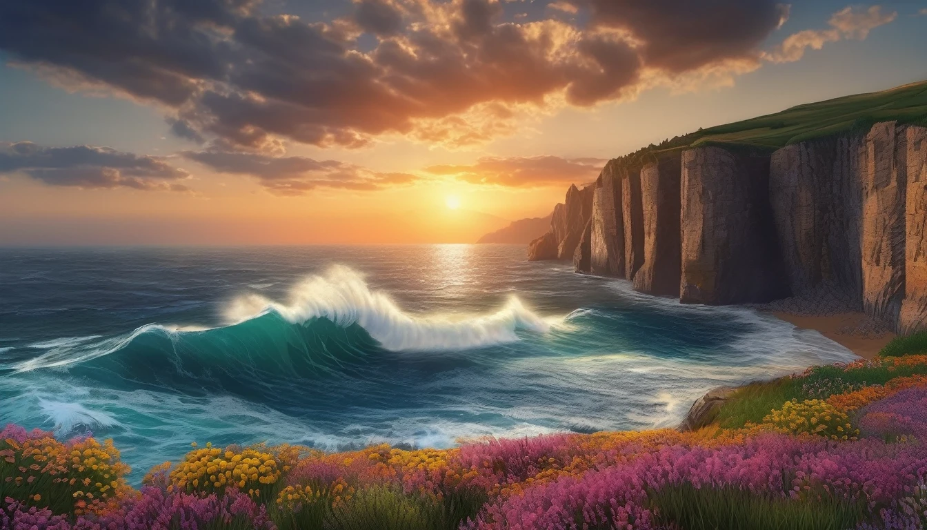 beautiful sunset seascape, big waves crashing against the cliff, colorful flowers blooming on the cliff (masterpiece, ultra quality, high resolution, 8k, intricate: 1.2), (masterpiece), (best quality:1)