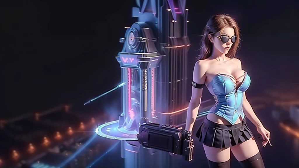 (aerial view). at night, futuristic sci-fi cyberpunk city, broad viaduct, skyscrapers at the end of the viaduct, the movie "13th Floor" style, (((((voltex-spirit-spreading giant clock tower as time machine))))), hq. Matrix style, at night, (1girl, solo), photo realistic, (large-breast:1.2 slim body, cleavage:1.3), (((tube top, extreamly short pleated (((miniskirt))) exposing panty))), (((((matrix style black sunglasses))))), (((((aiming at camera with a (short pistol)))))), (((half-body (thigh level) medium shot))), (cinematic lighting).