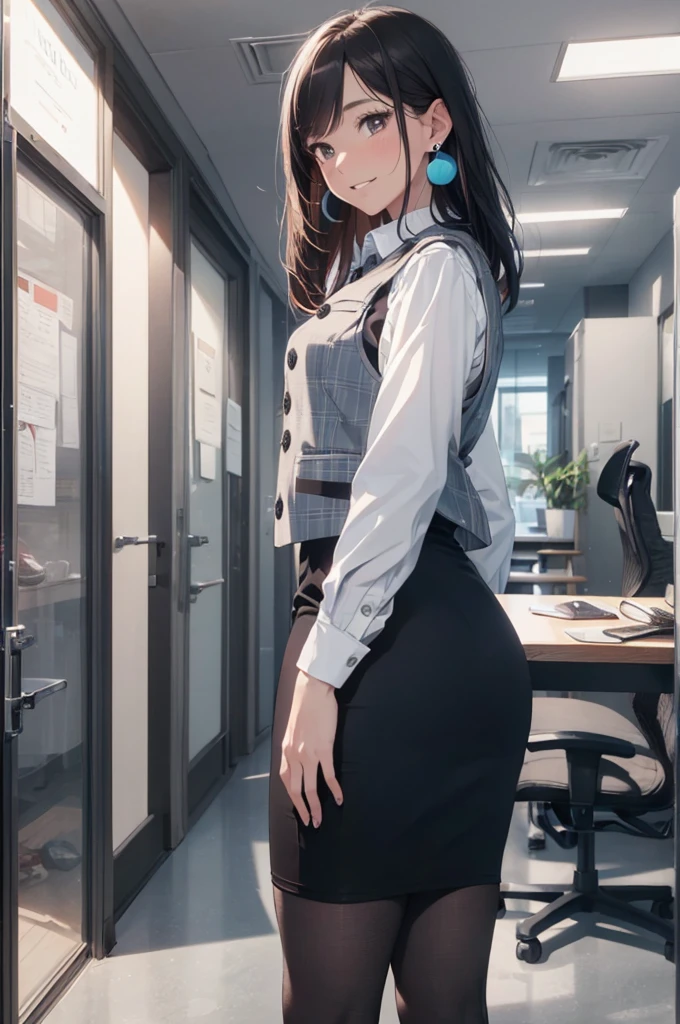 ((((1ladyl,))))  (masterpiece), (realistic), (best quality), (ultra-detailed),  amazing 30 years old wife,  pantyshot, long brown hair, office lady, Wearing a pink plaid vest, White short sleeved shirt, Gray pencil skirt, Wear stiletto heels, Necklace, earrings,  Cute face, Smile, Blushing, Shyness, Glass wall, Ultra Detail, Realistic, Front view, Whole body, (wearing in [[white and gray check pattern]] Vest worn over white collared long-sleeved shirt:1.4), (gray vest with buttons:1.2), (Pink Theme:1.2), (blue ribbon ribbon:1.3), (Black theme:1.4), (Tight black pencil skirt:1.5), ((Brown pantyhose)), (high-heels:1.1),longskirt,office desk, office chair,Lulubre Unity 8K Wallpaper, Beautiful background, clearly, Best Quality, The highest resolution, Best aesthetic,extremely detailed CG unity 8k,