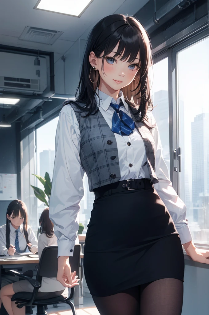 ((((1ladyl,))))  (masterpiece), (realistic), (best quality), (ultra-detailed),  amazing 30 years old wife,  pantyshot, long brown hair, office lady, Wearing a pink plaid vest, White short sleeved shirt, Gray pencil skirt, Wear stiletto heels, Necklace, earrings,  Cute face, Smile, Blushing, Shyness, Glass wall, Ultra Detail, Realistic, Front view, Whole body, (wearing in [[white and gray check pattern]] Vest worn over white collared long-sleeved shirt:1.4), (gray vest with buttons:1.2), (Pink Theme:1.2), (blue ribbon ribbon:1.3), (Black theme:1.4), (Tight black pencil skirt:1.5), ((Brown pantyhose)), (high-heels:1.1),longskirt,office desk, office chair,Lulubre Unity 8K Wallpaper, Beautiful background, clearly, Best Quality, The highest resolution, Best aesthetic,extremely detailed CG unity 8k,