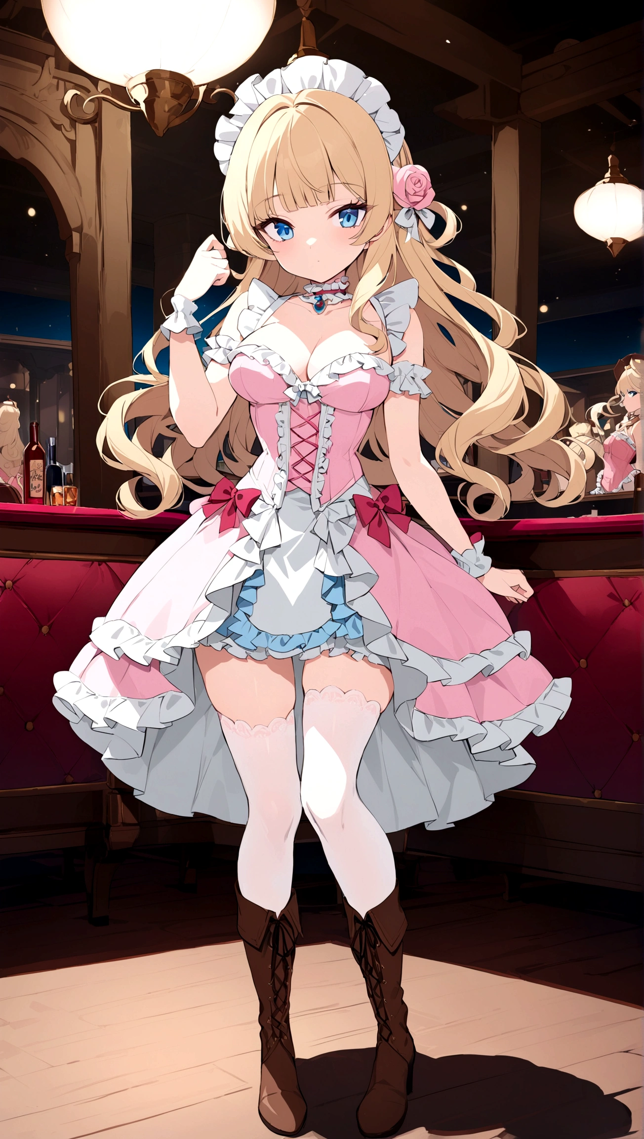 1girl, medium breasts, blonde hair, ahoge, blue eyes,drill hair, red hair tie, twin drills,hair intakes, hair between eyes, shiny hair, short twintails, sidelocks, hair ornament, <lora:ravelPhenexDxd_ravelPhenex:1>, princess dress, braid, classroom, hallway