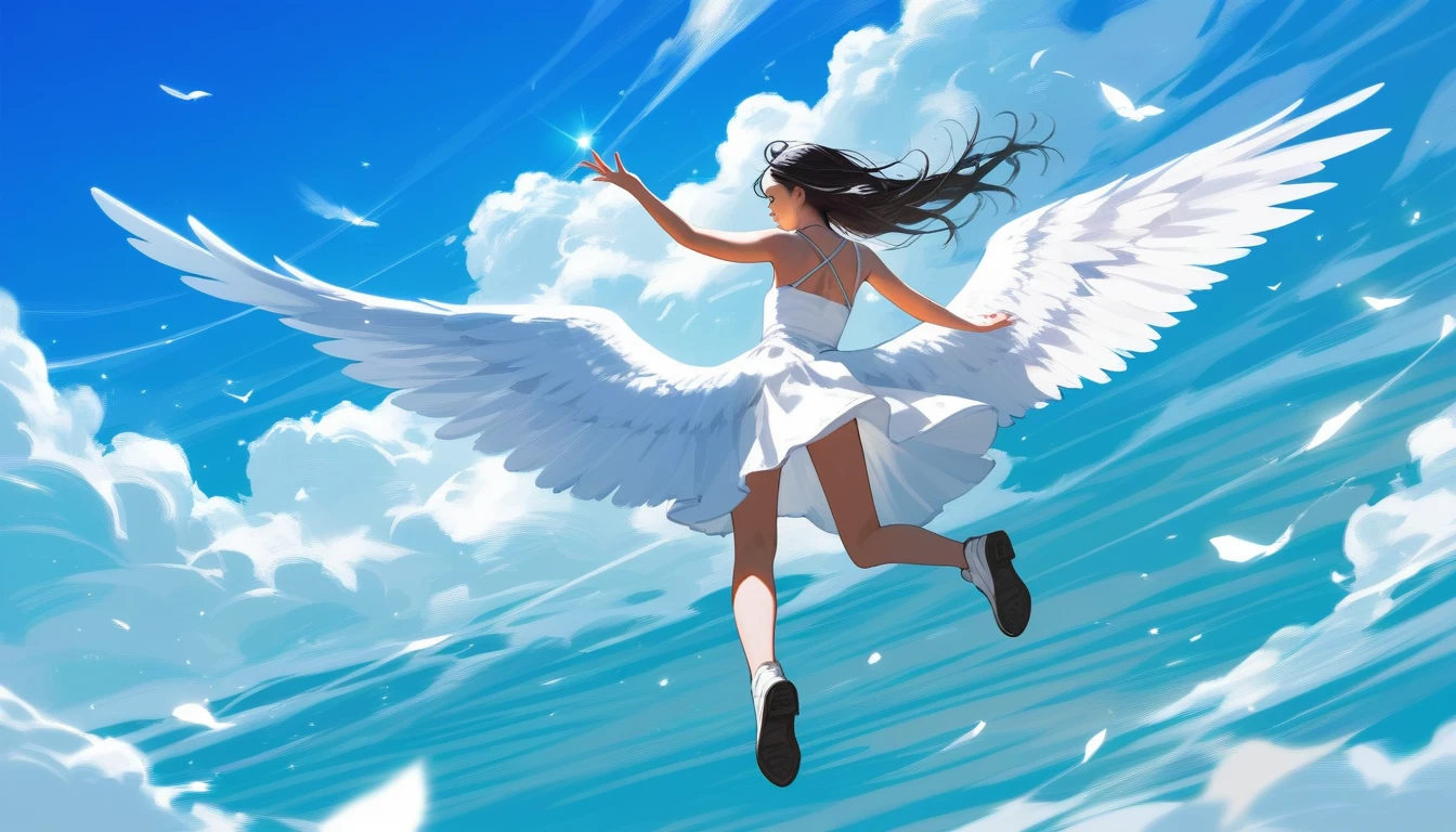 score_9, score_8_up, score_7_up, source_anime, detailed, 8k, cinematic angle, rating safe, from back, wide shot, A white winged angel is flying and look down,