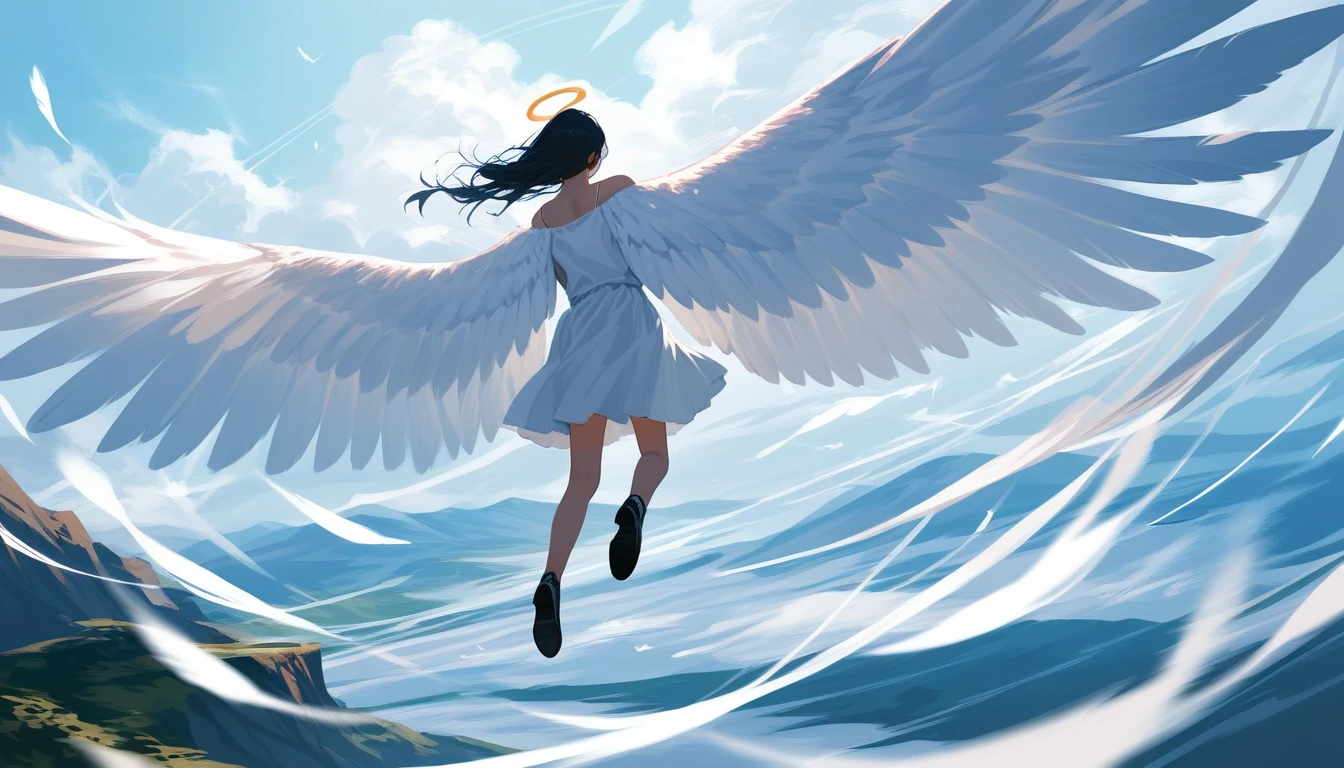 score_9, score_8_up, score_7_up, source_anime, detailed, 8k, cinematic angle, rating safe, from back, wide shot, A white winged angel is flying and look down,