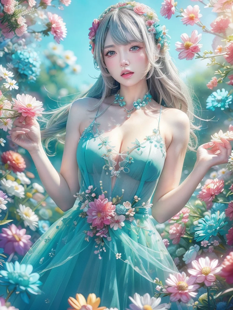 (Fashion magazines are a big hit:1.2),(Attractive woman:1.3),(Beautiful and delicate eyes:1.2),(Fashion clothing design:1.2),(Tulle texture:1.1),turquoise Flowers,surrounded by Flowers,Transparent dew,Fresh and elegant,(Flowers blooming wildly:1.2),Delicate buds,Turquoise blue atmosphere,(masterpiece:1,2),Highest quality,masterpiece,High resolution,original,Highly detailed wallpaper,Perfect lighting,(Highly detailed CG:1.2)Flowers,turquoise Flowers,full_body, Huge_chest, whole body、(((Gray hair 1.5)))、Clear skin、Whitening、