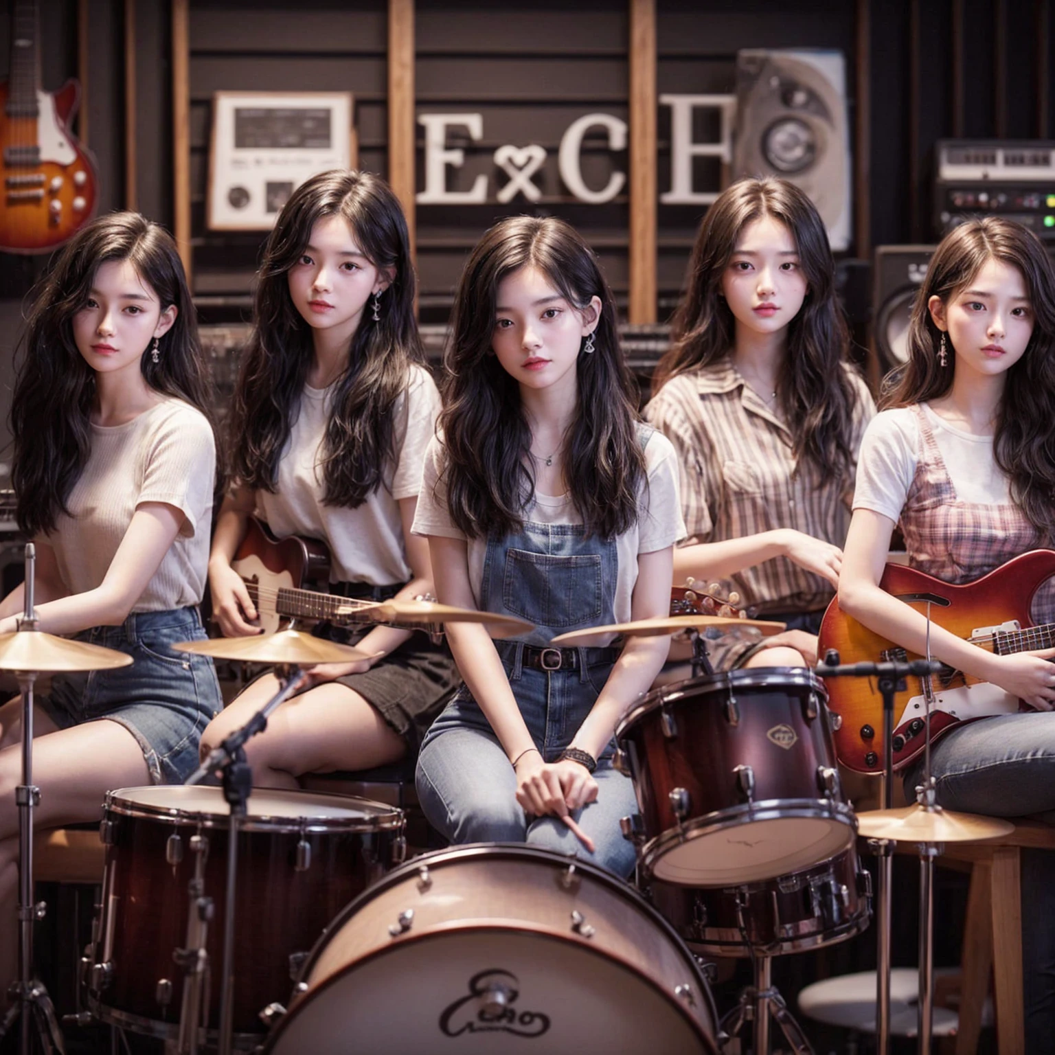 **Photo of 5 beautiful girls, aged 18 to 20, sitting:**
- **3 girls with messy black hair**
- **1 girl with wavy bob black hair**
- **1 girl with a black ponytail**
One girl is playing the drums, one girl is playing the piano, one girl is playing the bass guitar, one girl is playing the guitar, and one girl is singing. They are sitting behind a board with the word "ECHO" written on it. The background is a music studio, complete with drums, guitars, bass guitar, and piano. The image is ultra HD, 4k, photorealistic, raw, and a masterpiece.