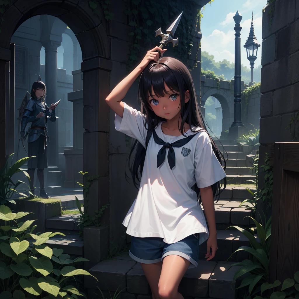 最high quality、high quality、Simple cloth clothing、10Year old girl adventurer、Climb the maze stairs、Shorts、Equipped with a dagger and a shield、In a dark maze