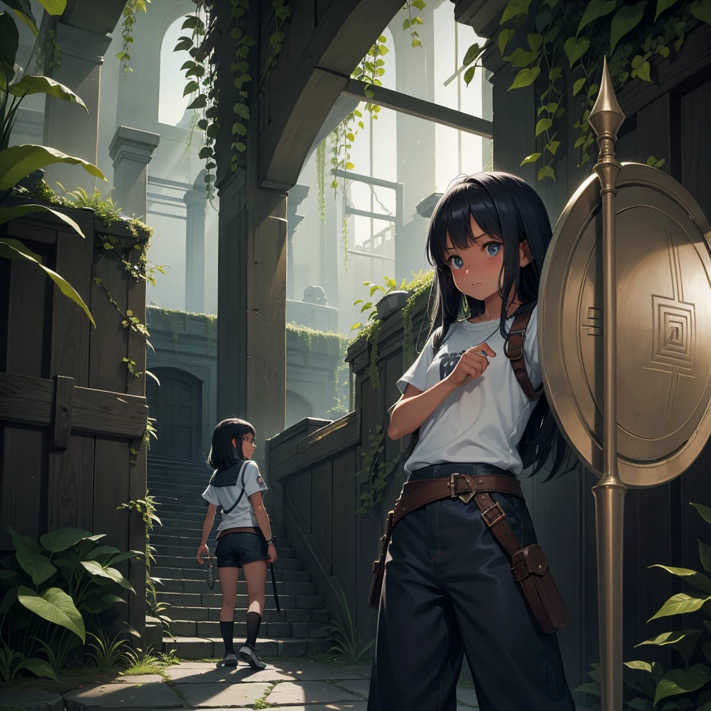 最high quality、high quality、Simple cloth clothing、10Year old girl adventurer、Climb the maze stairs、Shorts、Equipped with a dagger and a shield、In a dark maze