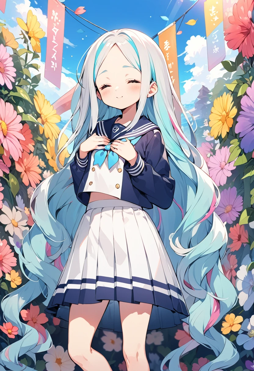 BREAK Perfect Anatomy,(High resolution:1.2),Incredible illustrations(Cute illustrations:1.2)(Beautiful background,blue sky、Colorful flowers)1gial((multicolored hair,wavy long hair)closed eyes, (sailor uniform),(a girl, , height 1.5meters, 40kg),,17-year-old,flat chest)A pensive girl with her hands on her chest(Your hands will shine)
