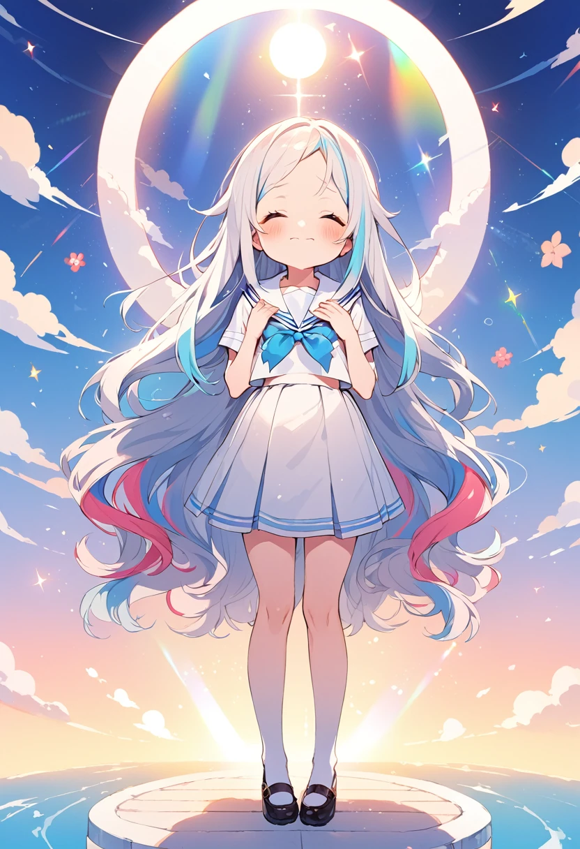 BREAK Perfect Anatomy,(High resolution:1.2),Incredible illustrations(Cute illustrations:1.2)（Beautiful background,blue sky、Colorful flowers）1gial((multicolored hair,wavy long hair)closed eyes, (sailor uniform),(a girl, , height 1.5meters, 40kg),,17-year-old,flat chest）A pensive girl with her hands on her chest(Your hands will shine)