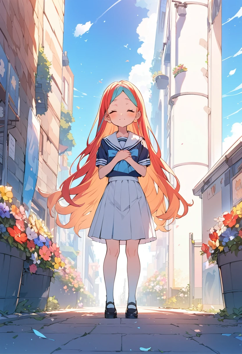 BREAK Perfect Anatomy,(High resolution:1.2),Incredible illustrations(Cute illustrations:1.2)(Beautiful background,blue sky、Colorful flowers)1gial((multicolored hair,wavy long hair)closed eyes, (sailor uniform),(a girl, , height 1.5meters, 40kg),,-yeld,flchest)A pensive girl with her hands on her chest(Your hands will shine)