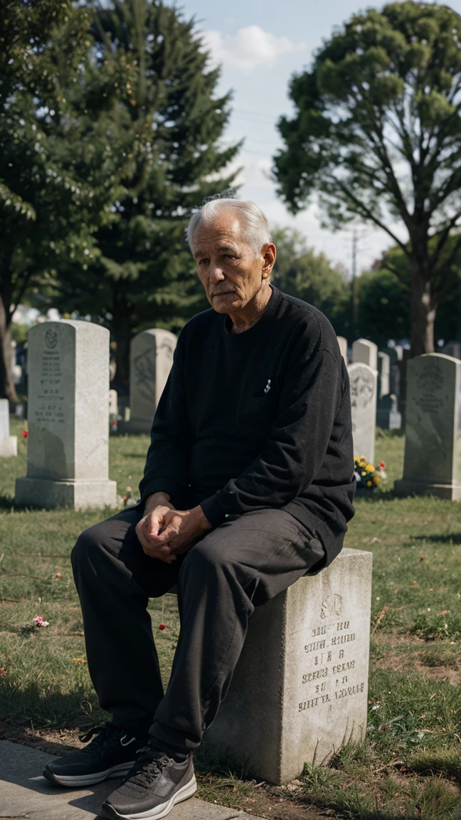 Man sitting at cemetery, 60 years old, 