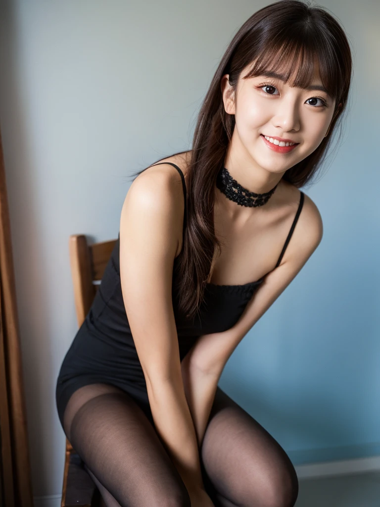 ulzzang-6500-v1.1, (RAW Photos:1.2), (Photorealistic), Beautiful detailed girl, (Genuine: 1.4), Very detailedな目と顔, Beautiful and fine details,  (Strapless blouse, flare skirt, Ultra-realistic pantyhose:1.2, Black choker)、Esbian all over、 (A very loving smile:1.2)、Large file size, High resolution, Very detailed, Highest quality, [masterpiece:1.6], Awareness-raising, Very detailed,  In detail, Highest quality, 8k wallpaper, Cinema Lighting, One Girl, , Perfect figure, Cute droopy eyes、Beautiful big eyes、 ((masterpiece)), Highest quality, One Girl, eye shadow, Upper Body, Portraiture, ((Full Body Shot:1.2))、