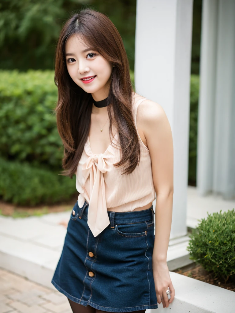 ulzzang-6500-v1.1, (RAW Photos:1.2), (Photorealistic), Beautiful detailed girl, (Genuine: 1.4), Very detailedな目と顔, Beautiful and fine details,  (Strapless blouse, flare skirt, Ultra-realistic pantyhose:1.2, Black choker)、Esbian all over、 (A very loving smile:1.2)、Large file size, High resolution, Very detailed, Highest quality, [masterpiece:1.6], Awareness-raising, Very detailed,  In detail, Highest quality, 8k wallpaper, Cinema Lighting, One Girl, 17 years old, Perfect figure, Cute droopy eyes、Beautiful big eyes、 ((masterpiece)), Highest quality, One Girl, eye shadow, Upper Body, Portraiture, ((Full Body Shot:1.2))、