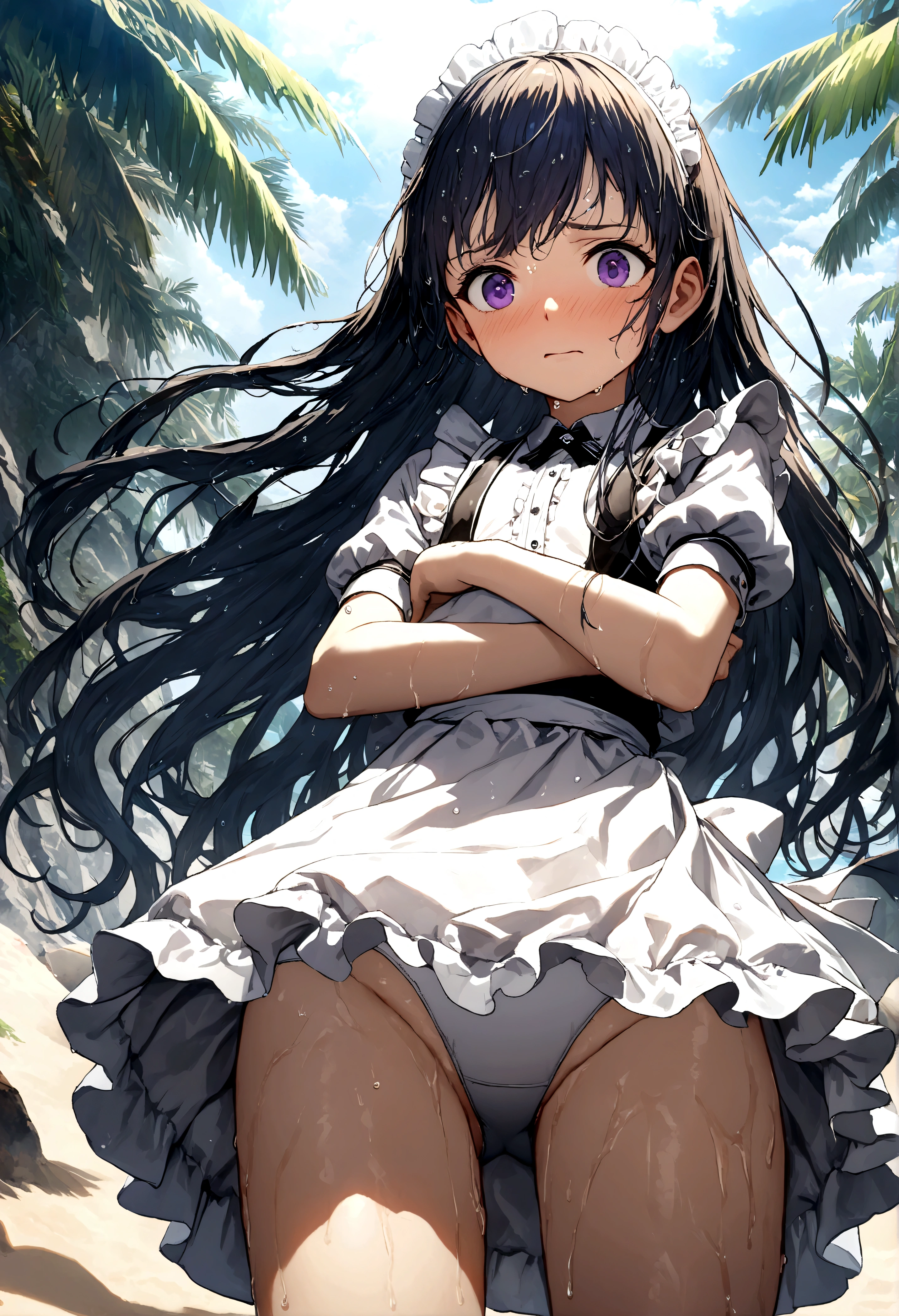 ((32k)), ((best quality)), ((ultra high res)), ((HDR)), ((UHD)), ((extremely detailed CG)), ((unity 32k wallpaper)), ((())), ((multicolored long hair)), purple eyes, (((White competitive swimsuit))), (beach background), ((embarrassed)), (wet body), (wet hair), (peer in from below), (cowboy shot), (maid), (Maid clothes), (maid apron),