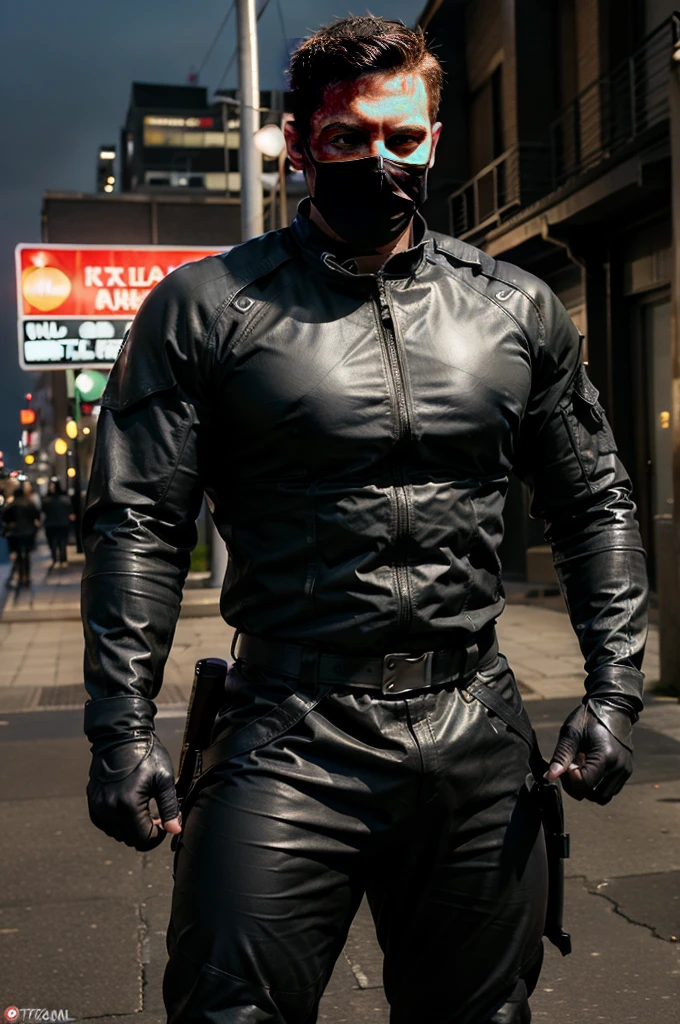 ((realistic: 1.5)),((best quality)), ((masterpiece)),((detailed)), male ninja, Vigilante, Caucasian American, handsome, photorealistic face,short hair, attack position, ninja vigilante tactical superhero outfit, katana on the back,wearing shiny black rubber suit, leather gloves, just outside of the city with evening cityscape in the background, huge biceps, huge muscles, muscular big body,