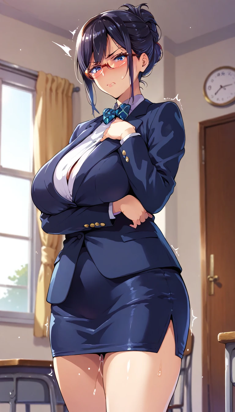 (masterpiece, best quality, ultra-detailed, high resolution, detailed eyes), takeda hiromitsu style, 1mature female, teacher, black business suit, short skirt, glasses, wavy black hair up, big slant eyes, annoyed, curvy body, huge breast, cowboy shot, love juice, blushing, trembling
