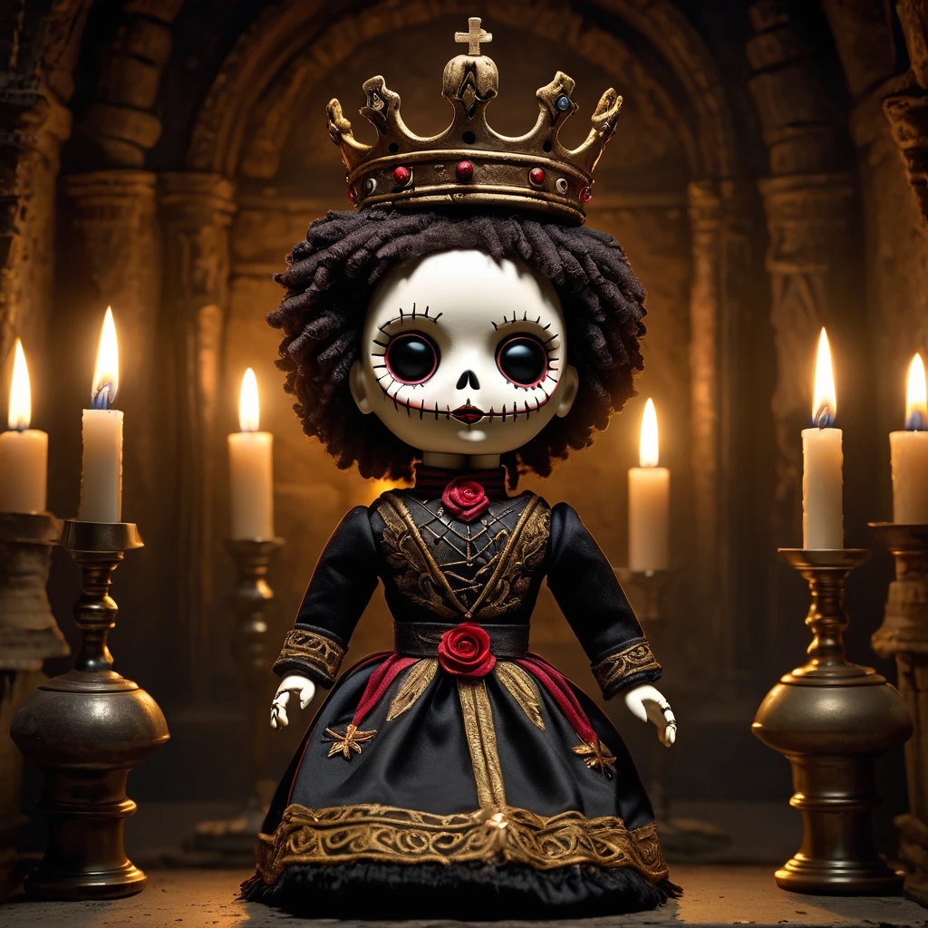 (knitted toy voodoo doll:1.5), (Voodoo Doll in an Abandoned Royal Crypt:1.3), (Clothing: regal burial attire with faded royal insignia:1.0), (Accessories: enchanted candelabra emitting a ghostly light, floating ancient crowns:1.1), (background: forgotten tomb with ornate sarcophagi, cobweb-covered thrones, and a regal yet eerie atmosphere:1.2), best quality, masterpiece, detailed soft oil painting, detailed background, dramatic cinematic lighting, soft edge lighting, professional, dramatic lighting, hard edge lighting, ultra quality, 4k,masterpiece, best quality, 8k, ultra highres, highres, extremely detailed