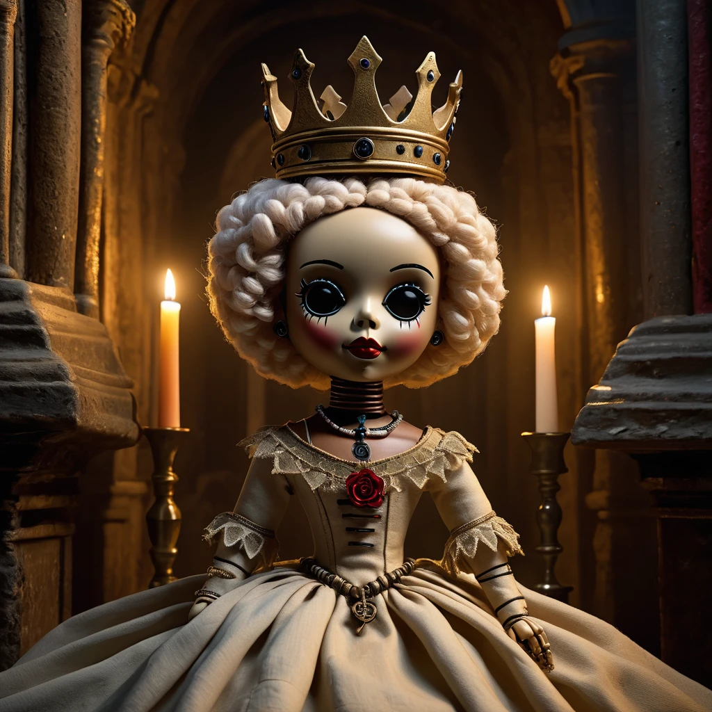(knitted toy voodoo doll:1.5), (Voodoo Doll in an Abandoned Royal Crypt:1.3), (Clothing: regal burial attire with faded royal insignia:1.0), (Accessories: enchanted candelabra emitting a ghostly light, floating ancient crowns:1.1), (background: forgotten tomb with ornate sarcophagi, cobweb-covered thrones, and a regal yet eerie atmosphere:1.2), best quality, masterpiece, detailed soft oil painting, detailed background, dramatic cinematic lighting, soft edge lighting, professional, dramatic lighting, hard edge lighting, ultra quality, 4k,masterpiece, best quality, 8k, ultra highres, highres, extremely detailed