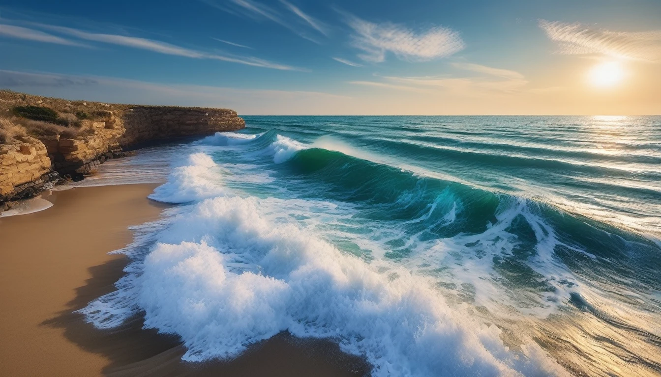 sea waves, beach, blue sea landscape photo, (masterpiece, ultra quality, high resolution, 8k, intricate: 1.2), (masterpiece), (best quality:1)