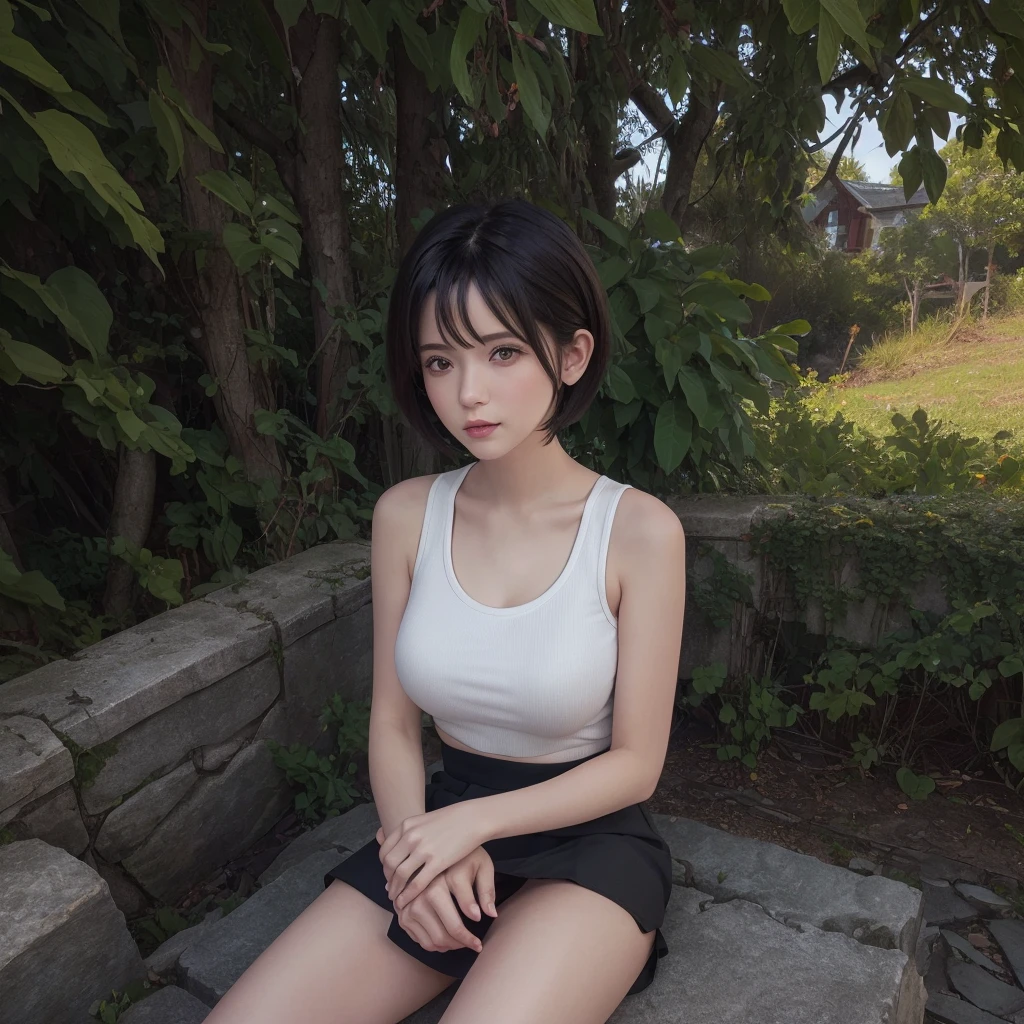 (masterpiece:1.3), (8K, Realistic, RAW Photos, Highest quality: 1.4), (One girl), Beautiful Face, (Realistic Face), (Black Hair, short hair:1.3), Beautiful hairstyle, Realistic eyes, Beautiful attention to detail, (Realistic Skin), Beautiful Skin, , Absurd, Charm, Ultra-high resolution, Ultra-realistic, Very detailed, Golden Ratio,  sit、　True Face、　Ultra mini skirt、Spread your legs、　I can see her panties、　Big Breasts、　Skirt flipped up、　Tank top、　Shaved、　Upper body naked、