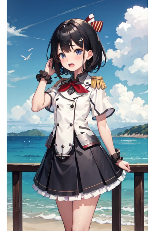 Highest quality、Black Hair、Iris、short hair、girl、cute、************、、Small hair ornament、1 person、Cosplay、Seaside、Embarrassed look、