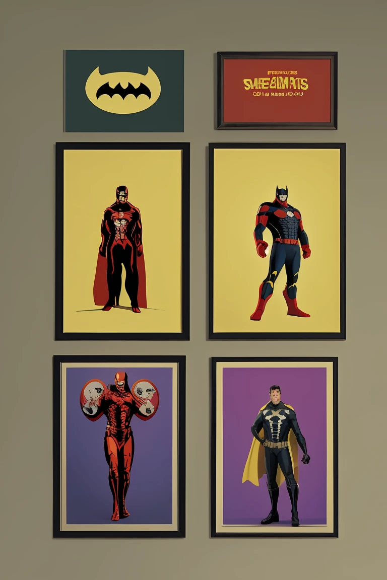 A set of eight framed posters, each depicting a stylized cartoon superhero with an inspirational message. The posters are arranged in two rows and four columns. From left to right, top to bottom: Iron Man with Be Kind (yellow background), Hulk with Be Strong (green background), Thor with Be Bold (light gray background), Black Panther with Be Fearless (purple background), Captain America with Be Brave (blue background), Batman with Be Smart (gray background), Spider-Man with Be Honest (red background), and Wolverine with Be Yourself (yellow background). The backdrop features a subtle pattern of superhero-related icons and text.