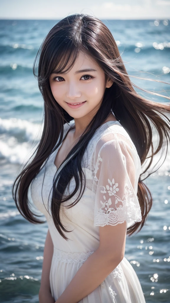 Professional Lighting,(Realistic:1.4), (Top image quality:1.0), (超High resolution:1.0), 8K, Raw photography, (masterpiece:0.2), (Face to face with the children_v1:0.5)、(最高quality Detail:1.2)、Realistic、8K Ultra HD、High resolution、(1 Girl:1.2)、超Familiarな、High quality textures、Intricate details、Familiar、Very Familiar CG、High quality shadows、Familiar 美しく繊細な顔、Beautiful details and a delicate eye、(Symmetrical eyes:1.2),Written boundary depth、Ray Tracing,1 Girl, Japanese Girls, (Natural smile:1.4),cute, thin, Portrait of a beautiful Japan woman,Gracefully stand on the sea, Elegantly decorated hair, Gentle expression. (With the sea in the background:1.4)、The soft light of a spring afternoon、Adding tranquility to the scene. Rendered in a Realistic style with great attention to detail, High resolutionの画像, Magic Hour, (Realistic:1.3), finely, quality, (Tabletop:1.2), (Realistic:1.2), (最高quality), (複雑なFamiliar), dramatic, Ray Tracing, photograph, +Roller Random Costume