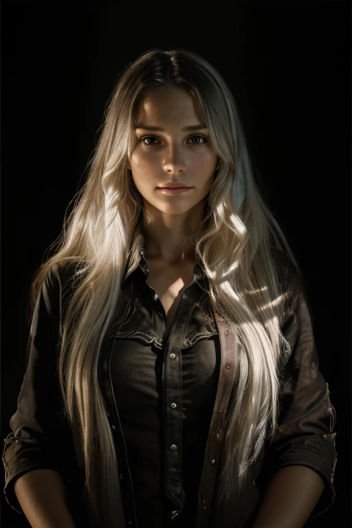 (front focus), (in the dark:1.6), Hyperrealist portrait of female by david hockney and alphonse mucha, fantasy art, photo realistic, dynamic lighting, artstation, poster, volumetric lighting, very detailed faces, 4 k, award winning, 1girl, in the dark, deep shadow, low key, cowboy shot, (official clothing:1.4), long hair, white hair