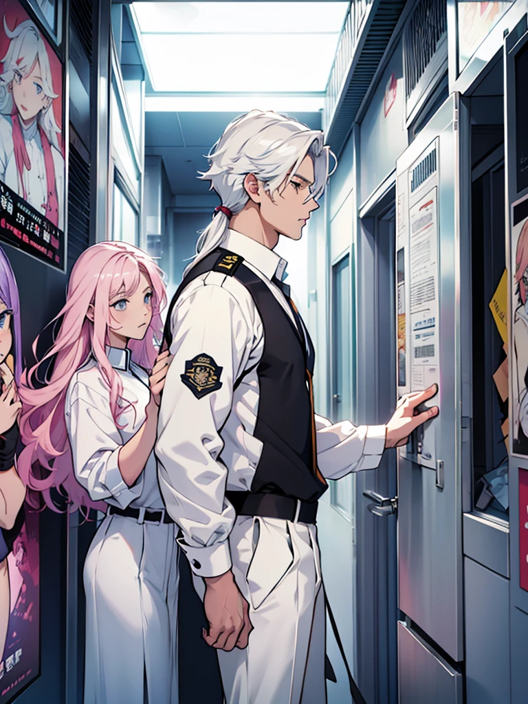 White long-haired man、White shirt、uniform、School Background、Male and female foursome　Flashy hair color　Movie poster style