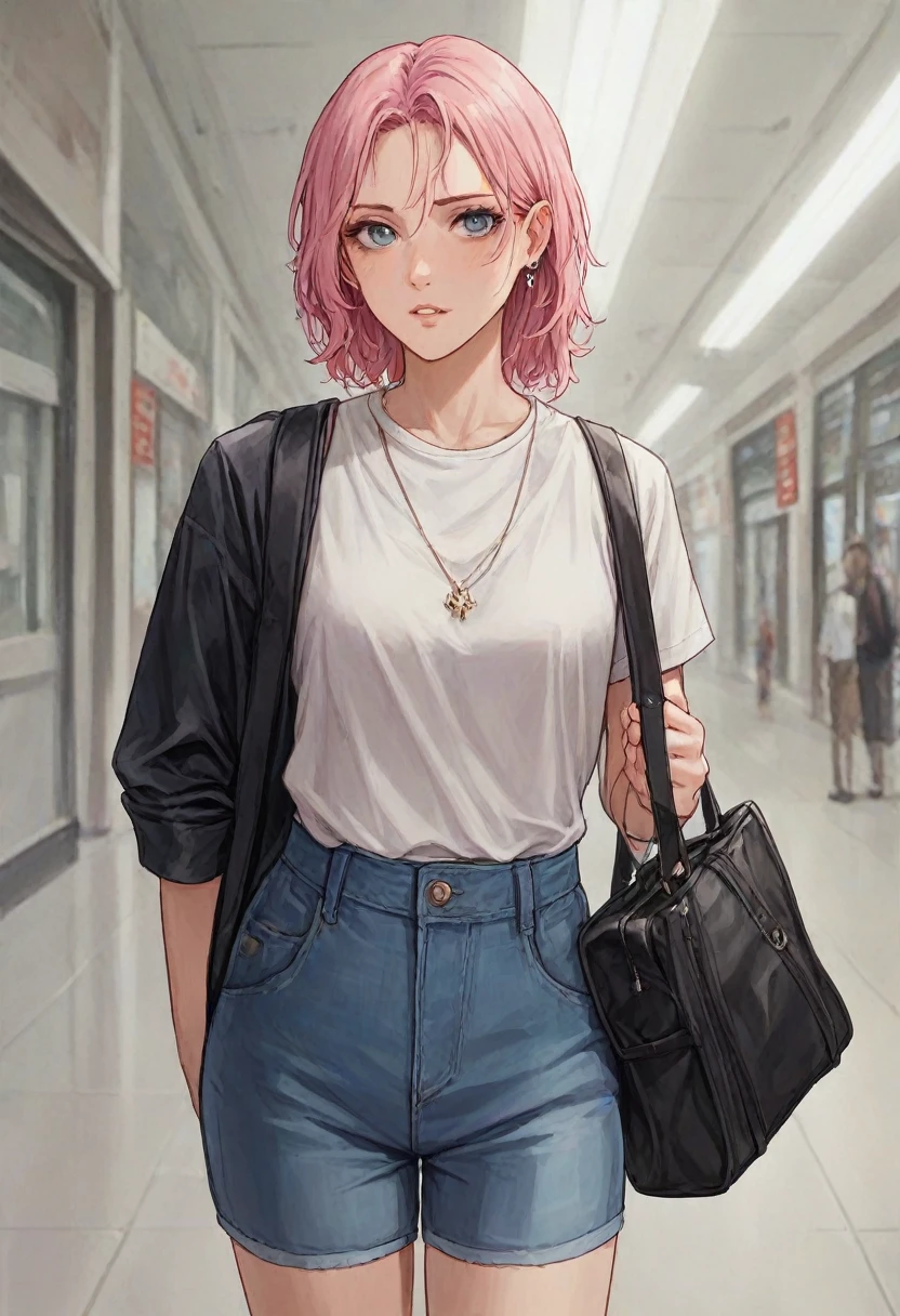 "A stylish traveler walking through an airport with a sleek, pink PU leather bag in hand." "Close-up of the pink PU leather bag, highlighting its design and features."