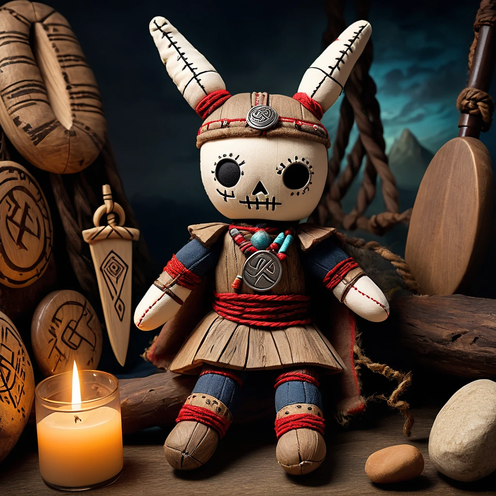 (knitted toy voodoo doll:1.5), (Voodoo Doll at an Ancient Viking Burial:1.3), (Clothing: warrior's armor with Nordic rune patterns:1.0), (Accessories: enchanted horn emitting a haunting sound, floating Viking artifacts:1.1), (background: burial mound with weathered longships, rune-carved stones, and a solemn Viking spirit:1.2), best quality, masterpiece, detailed soft oil painting, detailed background, dramatic cinematic lighting, soft edge lighting, professional, dramatic lighting, hard edge lighting, ultra quality, 4k,masterpiece, best quality, 8k, ultra highres, highres, extremely detailed
