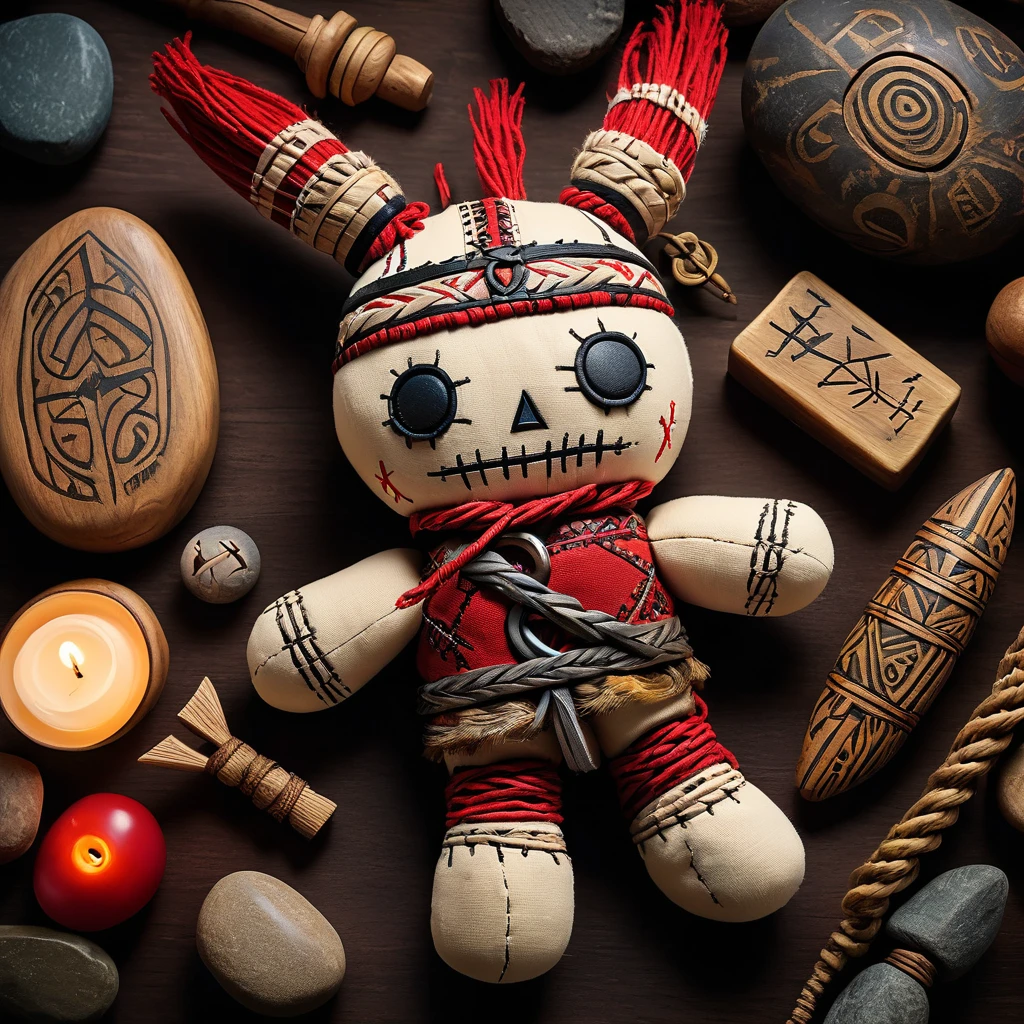 (knitted toy voodoo doll:1.5), (Voodoo Doll at an Ancient Viking Burial:1.3), (Clothing: warrior's armor with Nordic rune patterns:1.0), (Accessories: enchanted horn emitting a haunting sound, floating Viking artifacts:1.1), (background: burial mound with weathered longships, rune-carved stones, and a solemn Viking spirit:1.2), best quality, masterpiece, detailed soft oil painting, detailed background, dramatic cinematic lighting, soft edge lighting, professional, dramatic lighting, hard edge lighting, ultra quality, 4k,masterpiece, best quality, 8k, ultra highres, highres, extremely detailed