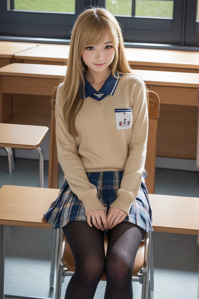 (8k, RAW photo, best quality, masterpiece:1.2), (realistic, photo-realistic:1.4), (extremely detailed 8k wallpaper), pretty Japanese woman, (school uniform studium jumper),in class room, sitting chair, spread legs, blond hair, hands in pocket