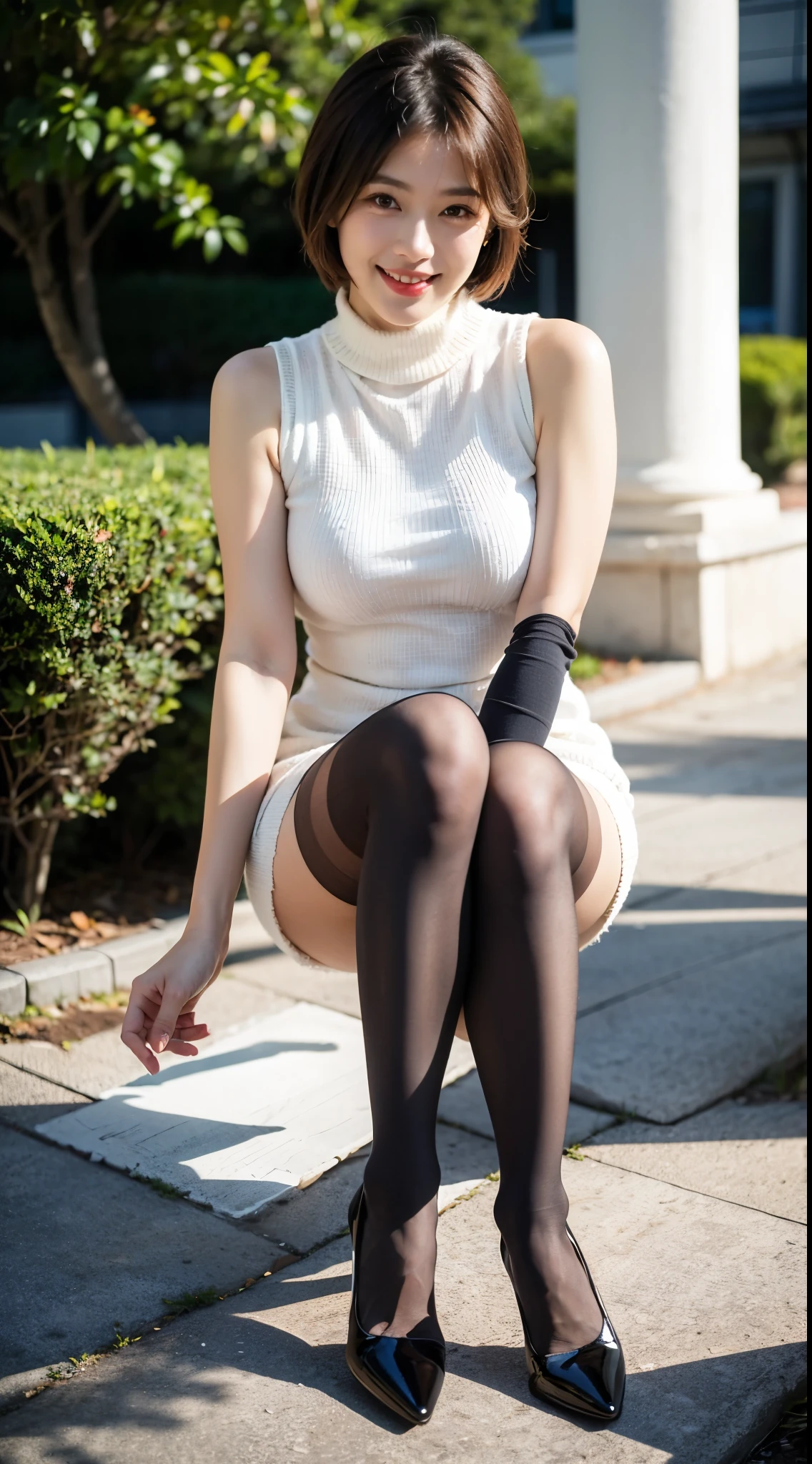 Ulzzang-6500-v1.1, (RAW Photos:1.2), (Photorealistic), Beautiful details, (Genuine: 1.4), A naive 33-year-old wife、(Wear a high-neck knit dress that shows off your beautiful body line.)、(Ultra-realistic pantyhose:1.3)、Thighs Thighs Thighs、Squatting in the park、Height: 156cm, A little chubby、Japanese Model, Short Layered Hair、Laughter、smile、Japanese Girls, A proper Japanese woman, Japanese Goddess, Innocence、Large file size, High resolution, Very detailed, highest quality, [masterpiece:1.6], Awareness-raising, Very detailed, Hmph, finely, highest quality, 8k wallpaper, Cinema Lighting,  Cute droopy eyes、Beautiful big eyes、((Pieces fly)), highest quality, One mature woman, eye shadow, Portraiture, (((Full Body Shot:1.3)))、((とても愛情深いsmile:1.2))、((Very long legs:1.3)),(elegant brown hair:1.4)),((Short Hairstyles:1.4)), 　Shiny skin、Exposed thighs!!!、