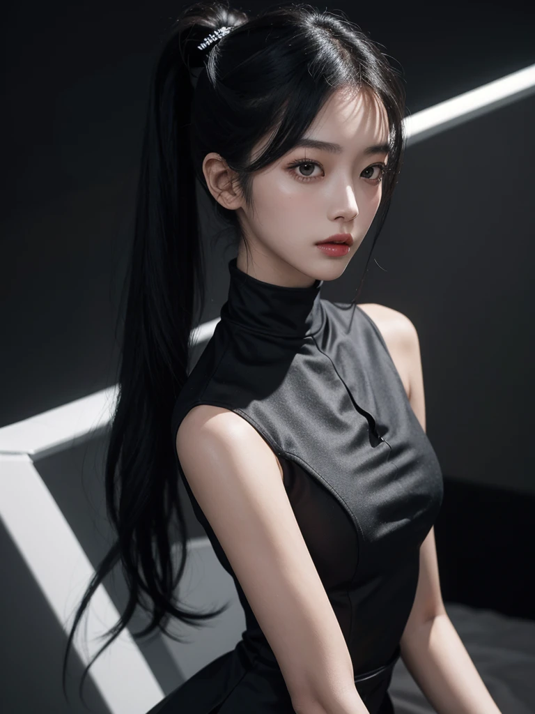 korean model , slim body , 167cm ,Movie Angle,long black ponytails hairstyle, (Cute girl,anatomy correct,thin dress,( art,geomerty),(plethora of colorest quality,high detal,tmasterpiece,Cinematic lighting effects,4K,Chiaroscuro)