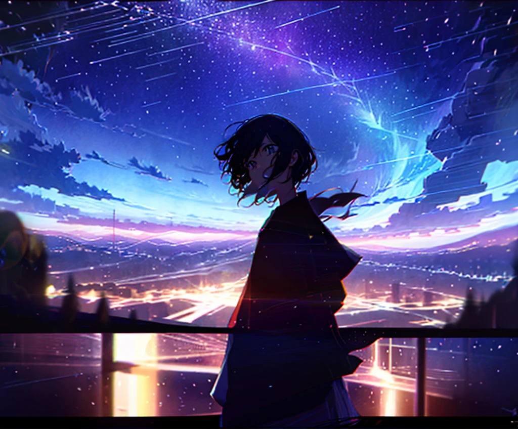 Films by Makoto Shinkai「Your Name。」Wallpapers inspired by. Starry Sky, masterpiece, Black silhouette, Perfect Anatomy, romantic, Kimi No Na Wa, Highly detailed face. Cute face, Perfect Face, masterpiece, 4K, Lovely couple, Boys and Girls, men and women, Gently Embrace Me, Blushing, in love, Your name style, Kimi No Na Wa, Starry Sky, hug, Black silhouette, Shadow, Hug from behind
