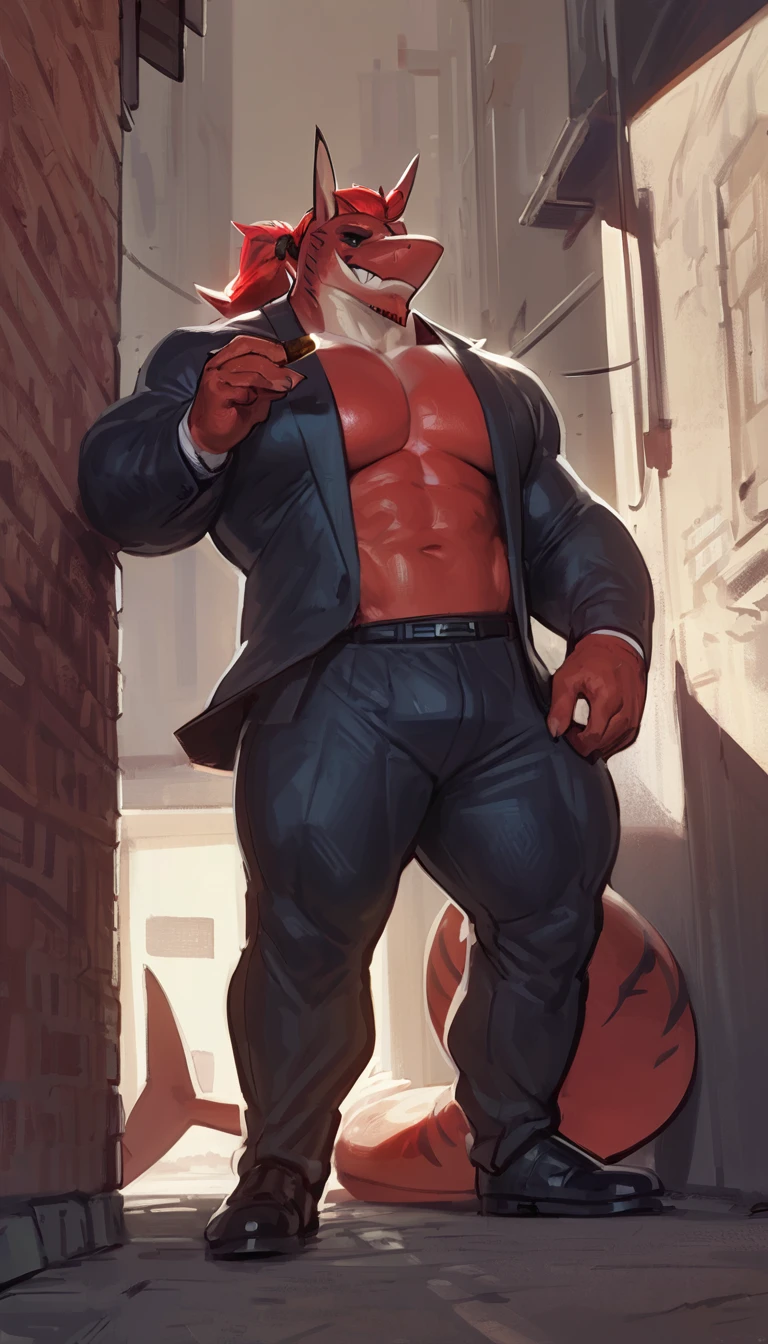 cyan eyes, black sclera, red colored bara shark, white countershade, red skin,, strong physique, big pecs, scarlet samurai hair in ponytail, very muscular, perfect anatomy, scars on body, full body view in frame, masterpiece, sexy pose, beard, strong jaw, thick thighs, giant biceps, muscular, shark tail, grin, simple shading, full body, facing viewer, detailed hands, detailed eyes, detailed face, detailed suit ,anthro, muscular, (detailed:1.5), male, detailed background, by taran fiddler:0.6, by zackary911, by bebebebe, by darkgem, by sligarthetiger, by kiyosan, perfect framing, cinematic shot, cinematic framing, muscular himbo, wearing suit, three piece suit, stylish, refined aura, beautiful shading, leaning against wall, in alleyway, interesting angle, accurate perspective, low angle view, with cigar, smoking cigar, sketch style, beautiful colors, 