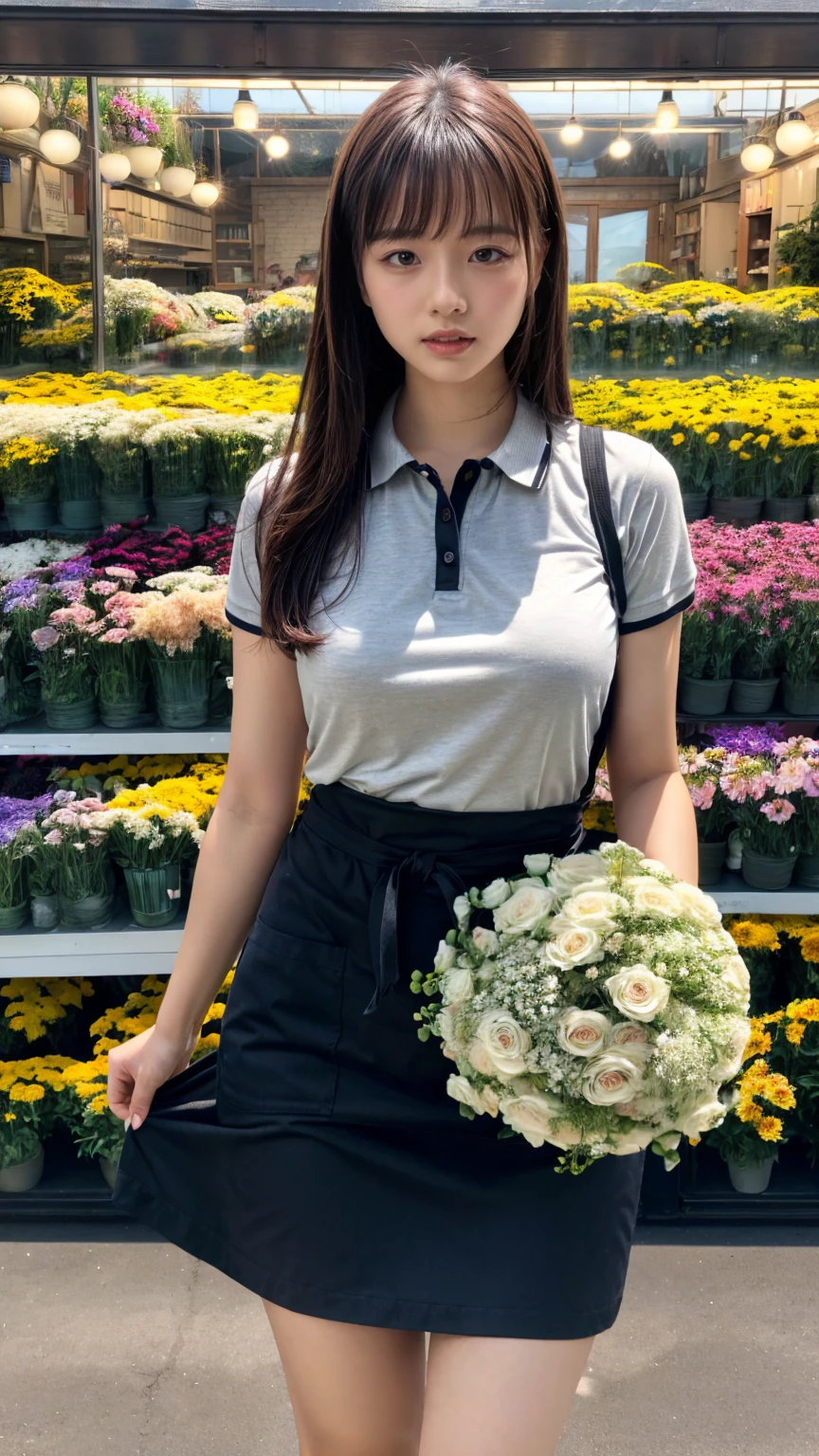 (8K, RAW Photos, Highest quality, masterpiece:1.2), (professional photography, full colors, studio-caliber color grading), (Gravure quality for high-end fashion magazines), close up, BREAK,18 year old girl, (straight hair:1.1), crying a little, Harajuku style, Big Natural Color Lip, (Plumpy body:1.2), (smooth skin:1.1), huge breasts, BREAK detailed cloth texture, break, (A tight polo shirt that expresses the roundness and softness of your chest.:1.2), (tight skirt1.1 (black apron:1.2 BREAK (beautiful scenery), ((behind flower shop:1.2)), standing, ((hold a big bouquet:1.2)), (parted lips),