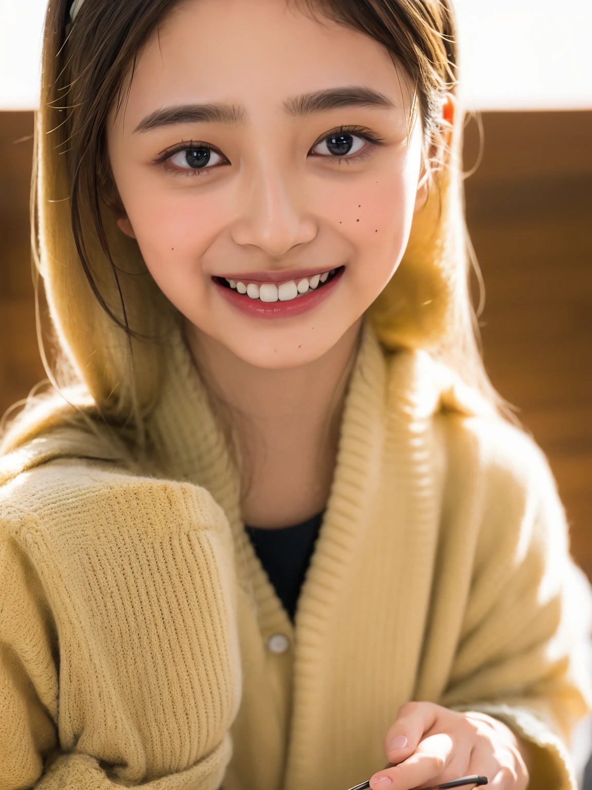 ((highest quality、8k、masterpiece:1.3)),((((upper body shot)))),Ultra-high resolution,big eyes,Japanese,forehead,bangs,(a girl),(1 girl),((16 years old)),((cute)),pretty,((facing at viewer)),(long hair),((black clothes)),grin