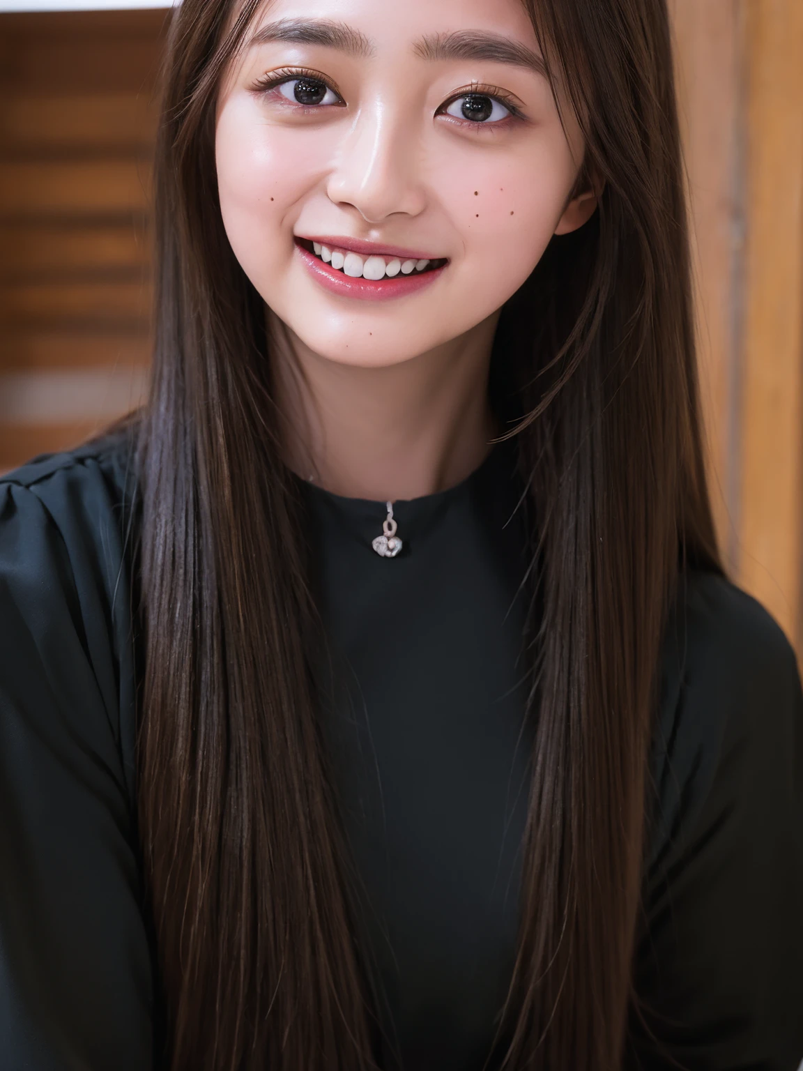 ((highest quality、8k、masterpiece:1.3)),((((upper body shot)))),Ultra-high resolution,big eyes,Japanese,forehead,bangs,(a girl),(1 girl),((16 years old)),((cute)),pretty,((facing at viewer)),(long hair),((black clothes)),grin