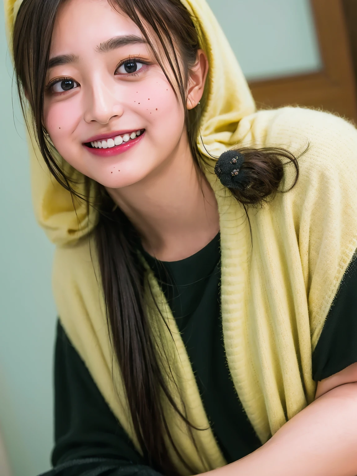 ((highest quality、8k、masterpiece:1.3)),((((upper body shot)))),Ultra-high resolution,big eyes,Japanese,forehead,bangs,(a girl),(1 girl),((16 years old)),((cute)),pretty,((facing at viewer)),(long hair),((black clothes)),grin