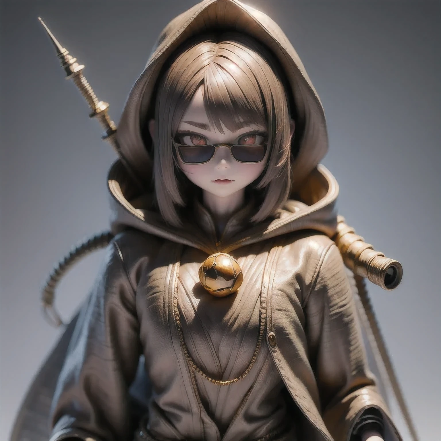 Three-headed body suit copper and gold wire diamond Maya star,Coarse linen cloak rainbow hood platinum silk cyberpunk light crossbow space station 1:900 miniatures,Leather illustration,Side viewing angle,((Side viewing angle)),Wear gold wire-rimmed reflective sunglasses,Carry future weapons,very happy,Side viewing angle,whole body,Stereo,(Nautilus)Octane Rendering,Perfect face,Collagen texture,