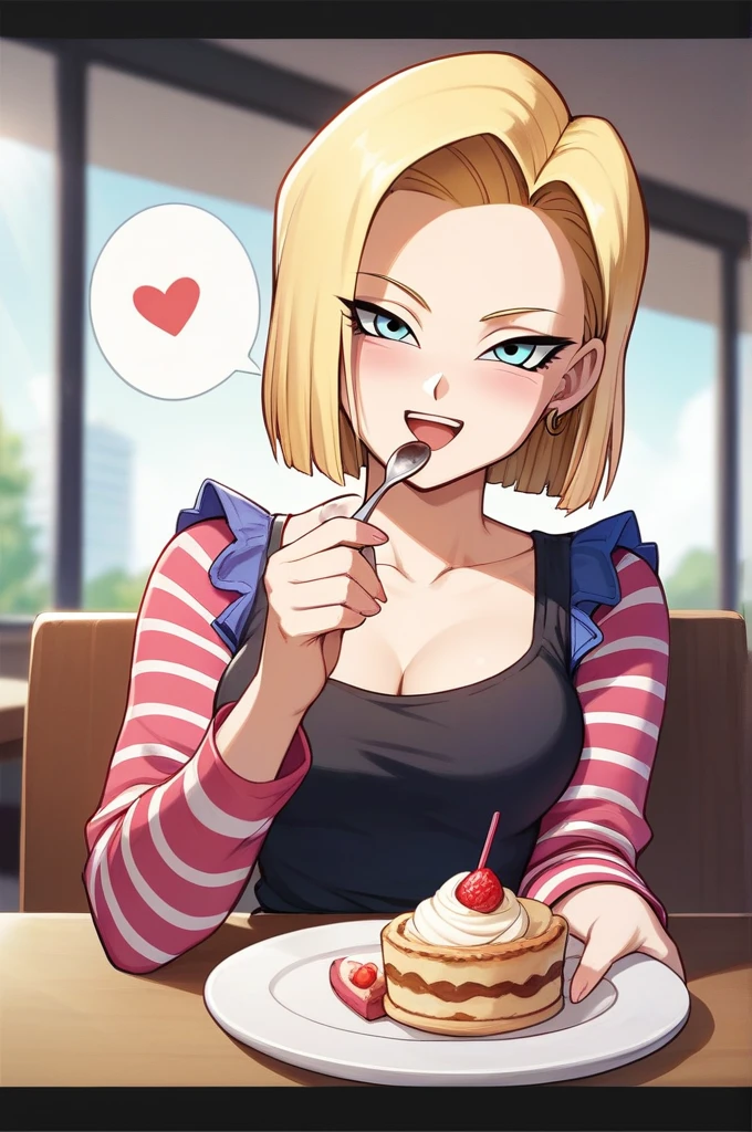 Masterpiece, best quality,dress official art, dragon ball,android 18,mini skirt, nsfw ,1 girl, {{incoming_food}}, {{feeding}}, holding_spoon, foreshortening,{{blurry_foreground}}, , shy smile, blush, open mouth, head_tilt, upper_body, parfait on the table, table, looking at viewer, indoor, cafeteria, pov, perfect anatomy, speech bubble,