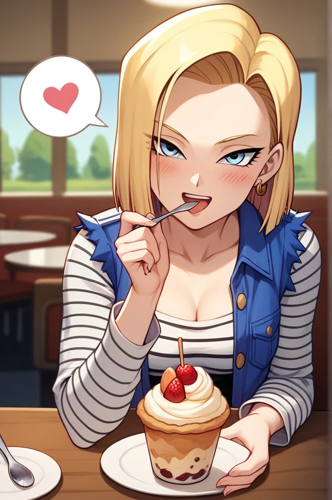 Masterpiece, best quality,dress official art, dragon ball,android 18,mini skirt, nsfw ,1 girl, {{incoming_food}}, {{feeding}}, holding_spoon, foreshortening,{{blurry_foreground}}, , shy smile, blush, open mouth, head_tilt, upper_body, parfait on the table, table, looking at viewer, indoor, cafeteria, pov, perfect anatomy, speech bubble,