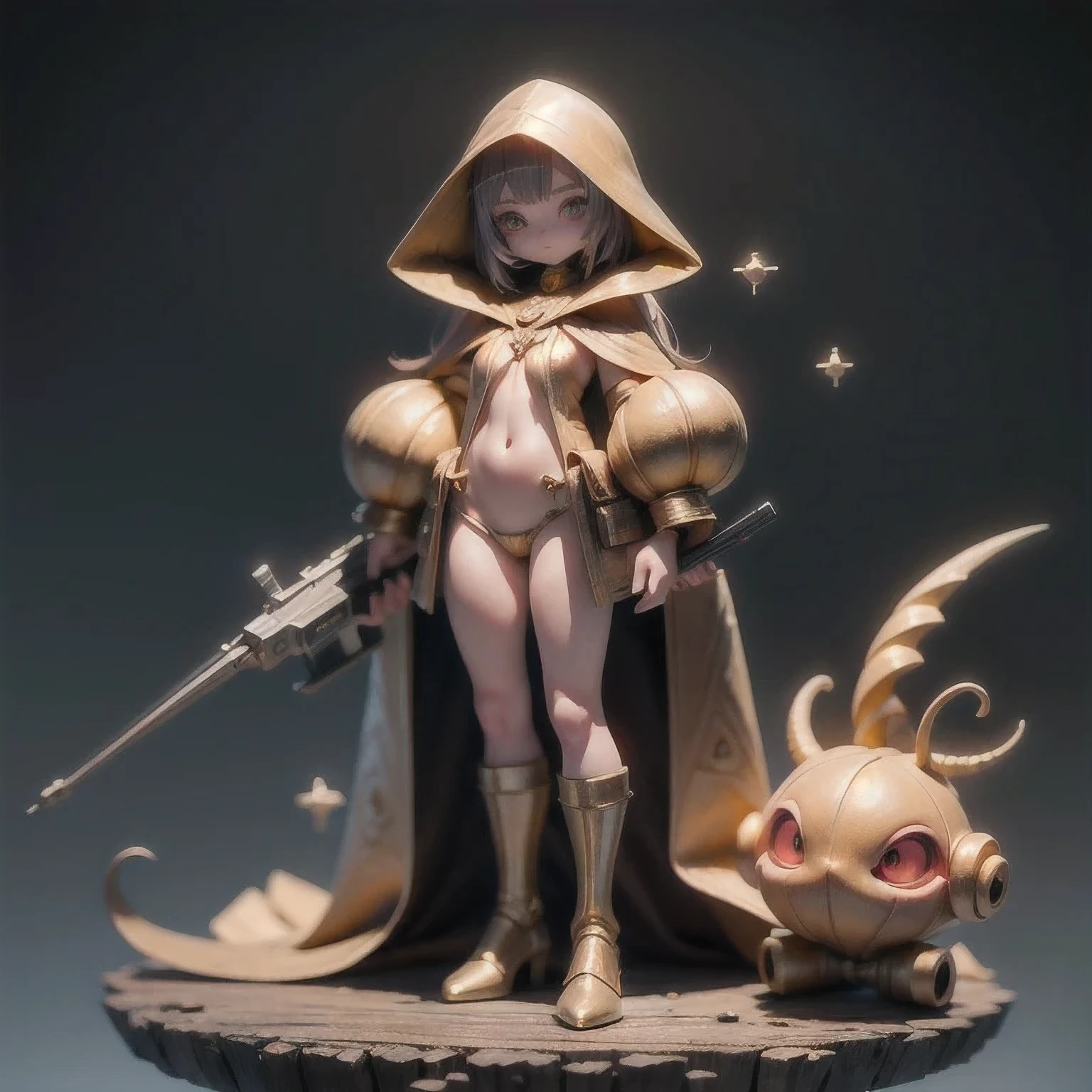 Three-headed body suit copper and gold wire diamond Maya star,Coarse linen cloak rainbow hood platinum silk cyberpunk light crossbow space station 1:900 miniatures,Leather illustration,Side viewing angle,((Side viewing angle)),Wear gold wire-rimmed reflective sunglasses,Carry future weapons,very happy,Side viewing angle,whole body,Stereo,(Nautilus)Octane Rendering,Perfect face,Collagen texture,